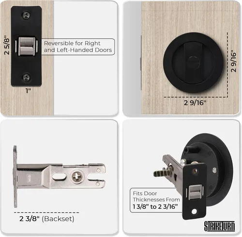 Vista 5 de Cerradura de puerta redonda de bolsillo negro mate de alta calidad, diseño moderno reversible de hardware de puerta de bolsillo con mango