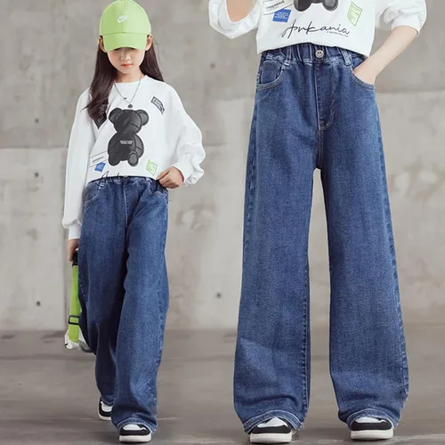 Vista 5 de birbyrrly Pantalones de mezclilla de pierna ancha para niñas, holgados, cintura elástica, pantalones de mezclilla casuales con bolsillos