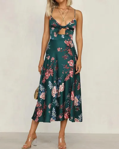 Vista 3 de Fashionme Vestidos de satén midi con tirantes delgados para mujer, con lazo frontal, sin espalda, vestido hueco dividido