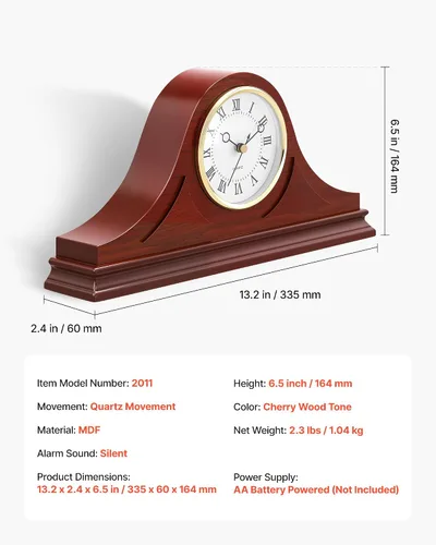 Vista 7 de VEVOR Reloj de abuelo de madera para repisa, reloj de mesa vintage de 6.4 pulgadas con movimiento de cuarzo incorporado, reloj de repisa silencioso