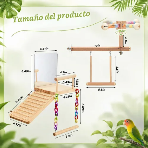 Vista 3 de 2 piezas de juguetes de periquito para pájaros, plataforma de perca para pájaros, escalera de espejo oscilante con función de giro de 360°