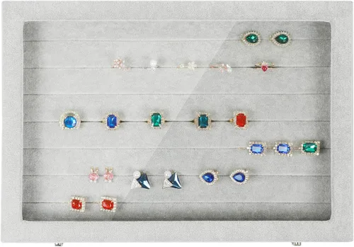Vista 5 de Stylifing Organizador de aretes de anillo con tapa transparente de 7 ranuras, bandeja de joyería, organizador de cajones con cerradura para novia