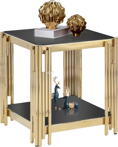 Vista 10 de Mesa de centro de vidrio templado de 31.5 pulgadas, moderna mesa de té dorada de 2 niveles con estante inferior, mesas centrales de lujo con marco
