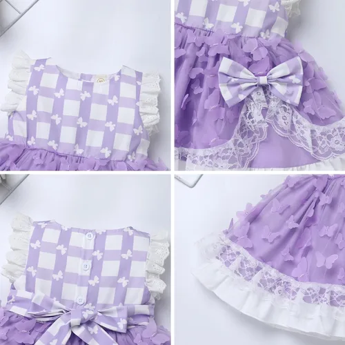 Vista 5 de Vestido tutú de verano para niña, sin mangas, a cuadros, vestido de fiesta de cumpleaños, vestido de fiesta con lazo de flores y diadema