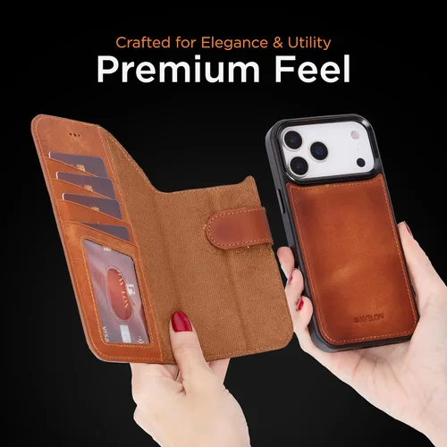 Vista 18 de Bayelon Funda tipo cartera para iPhone 15 Pro, cartera de cuero de grano completo, funda magnética desmontable, tarjetero, funda tipo cartera