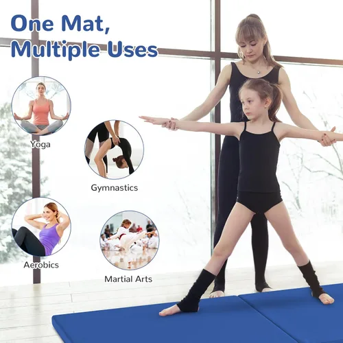 Vista 9 de GYMAX Tapete de ejercicio, 2 x 6 pies, biplegable con asas de transporte, tapete grueso para entrenamiento en casa para gimnasia, pulgar, yoga
