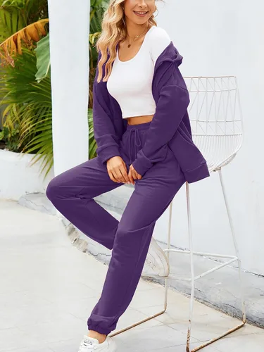 Vista 6 de AUXDIO Conjunto deportivo de 2 piezas para mujer, casual, con cremallera, sudadera con capucha y pantalón largo