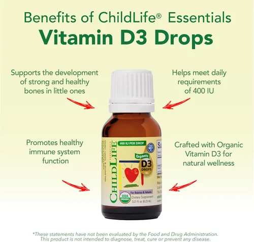 Vista 6 de ChildLife Essentials Gotas orgánicas de vitamina D3, para bebés y recién nacidos, gotas de vitamina D para bebés, 400 UI por porción, apoyo