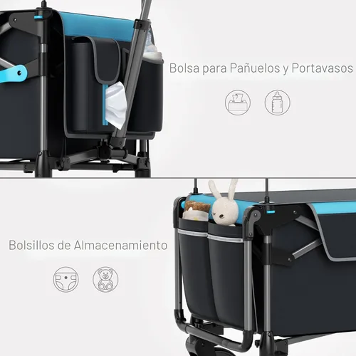 Vista 9 de EVER ADVANCED Vagón ultracompacto para 2 niños, vagón cochecito plegable de viaje de empujar y tirar con toldo desmontable, asas y arneses Negro