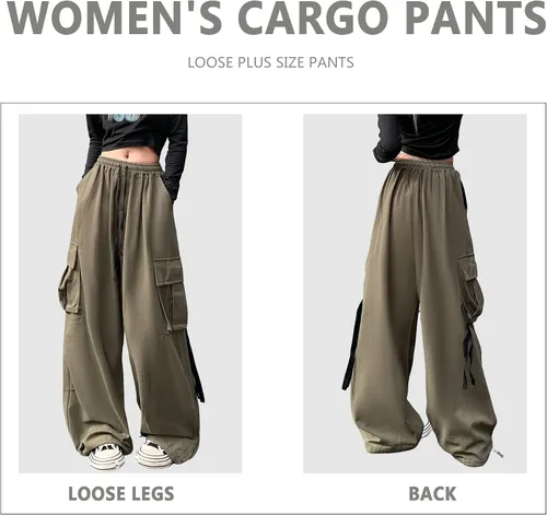 Vista 4 de Pantalones de mujer Y2k Cargo Gothic Baggy Pantalones de cintura alta Harajuku Streetwear Pantalones de paracaídas para hombre