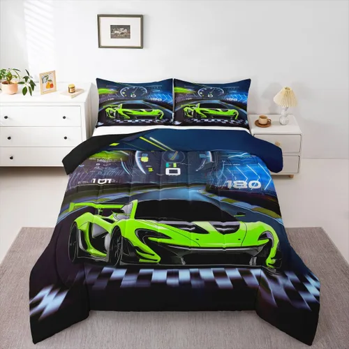 Vista 29 de Feelyou Juego de edredón azul de carreras para niños, juego de ropa de cama de coche deportivo para niños y niños, edredón deportivo geométrico a