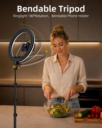 Vista 7 de TODI Anillo de luz de 12 pulgadas con soporte de trípode extensible de 63 pulgadas, anillo de luz para selfie con soporte para teléfono y control