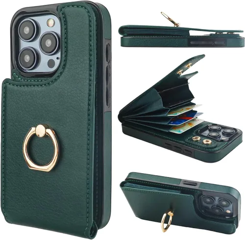 Vista 14 de Folosu Funda compatible con iPhone 15 Pro con soporte para tarjetas, rotación de 360°, soporte de anillo de dedo con función atril, bloqueo RFID