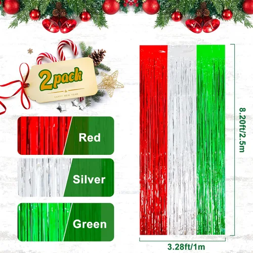 Vista 3 de Paquete de 2 cortinas navideñas con flecos de papel de aluminio para Verde Rojo Astilla