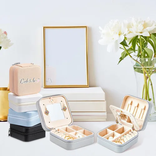 Vista 25 de Joyero de viaje de 10 piezas, cajas de regalo de dama de honor, organizador de viaje con espejo, caja pequeña de joyería, mini caja organizadora