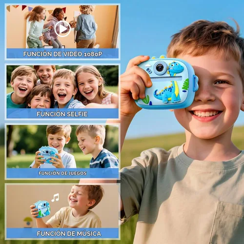 Vista 2 de Cámara de impresión instantánea para niños, cámara digital para niños con Dinosaurio azul