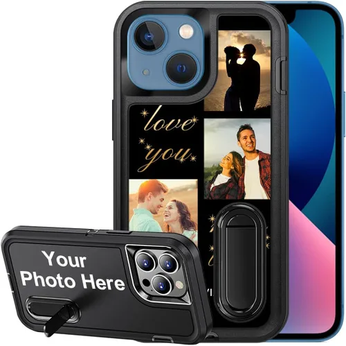 Vista 25 de Funda personalizada para iPhone 13, soporte incorporado/función atril, protección resistente a los arañazos, cubierta de fotos personalizada
