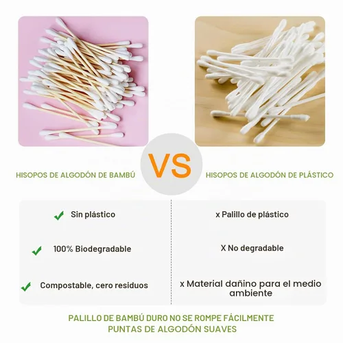 Vista 6 de 800 Hisopos de Algodón de Bambú - Bastoncillos de Algodón Orgánico Natural con Puntas Dobles, Hipoalergénicos, Hisopos Biodegradables para Limpieza