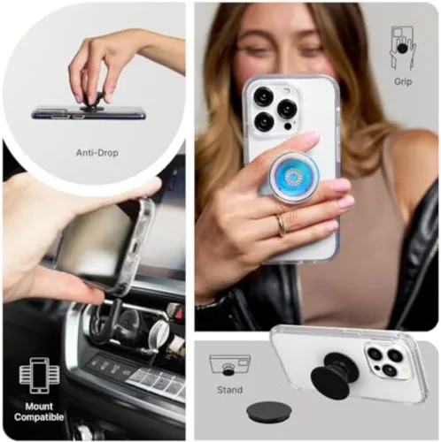 Vista 5 de PopSockets Agarre adhesivo para teléfono, soporte, soporte para teléfono, Kindle - plateado brillante transparente (paquete de 3)