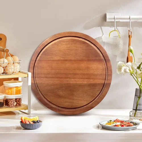 Vista 5 de Tablas de cortar redondas de madera de acacia para cocina pequeña tabla de Tabla de cortar decorativa no tóxica para servir pan, tablas de queso