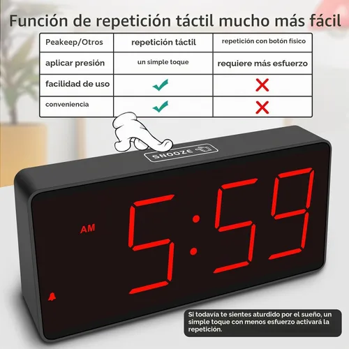 Vista 6 de Peakeep Reloj despertador digital con pilas para dormitorios con números Dígitos rojos