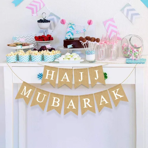Vista 3 de Yute arpillera Hajj Mubarak Banner Mantel Chimenea Fiesta Guirnalda Decoración