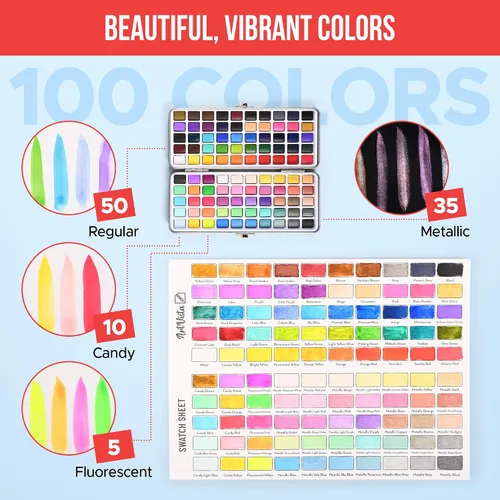 Vista 5 de Juego de pintura de acuarela premium con 100 colores brillantes y bloc de papel para principiantes y profesionales - Kit de pintura y suministros