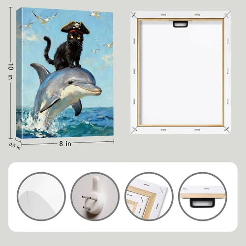 Vista 6 de Arte de pared enmarcado para baño, gato negro, aventura oceánica, póster de lienzo de 4 piezas de gato pirata náutico con caballito de mar, manatí