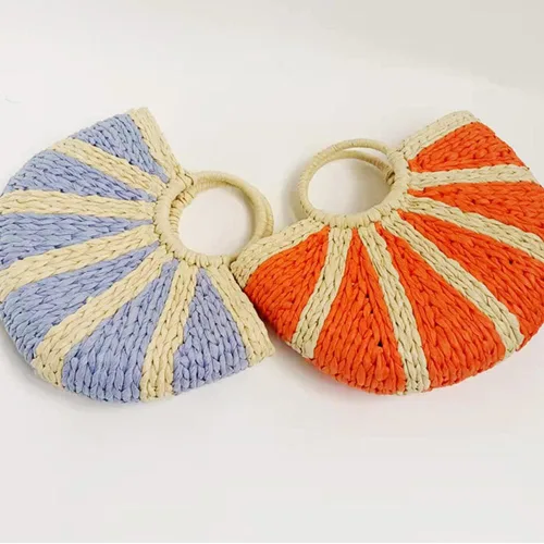Vista 5 de Bolsos de paja de ratán semicírculo, tejido a mano para mujer, bolso de asas retro de paja de verano, bolso cruzado colorido, bolso bohemio