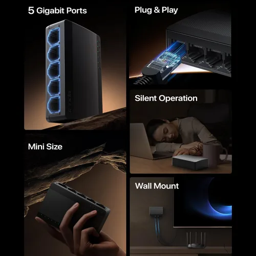 Vista 2 de Tenda Conmutador Ethernet Gigabit no administrado de 5 puertos, divisor Ethernet, concentrador de red, 5 puertos de 10/100/1000Mbps, Plug & Play