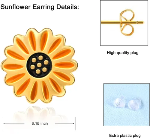 Vista 5 de Sepfavo Aretes tipo dormilona de girasol, joyería para niñas y mujeres, bonitos aretes esmaltados con girasol, dorados, hipoalergénicos para niñas