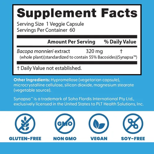 Vista 4 de Doctor's Best Bacopa con sinapsa, cerebro, mejora la memoria, antioxidante, sin OMG, vegano, sin gluten ni soja, 320 mg, 60