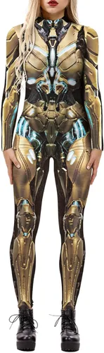 Vista 29 de Enterizo de mujer con estampado de esqueleto de robot mecánico 3D para Halloween, disfraz de cosplay