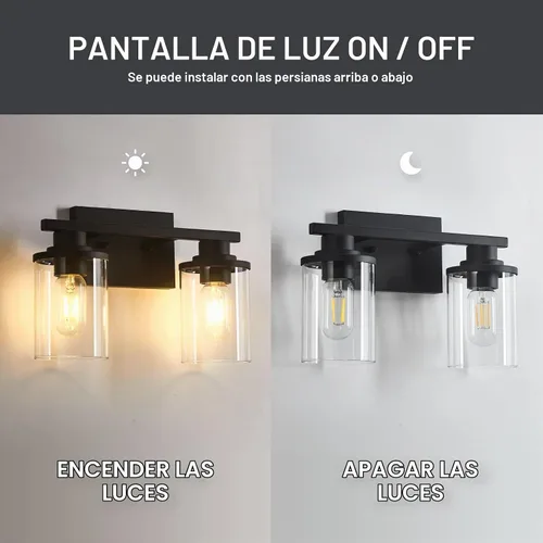 Vista 4 de Accesorios de iluminación de baño, Luz de tocador de baño mate negra de 2 luces, Luces de tocador con base de metal y pantalla de vidrio