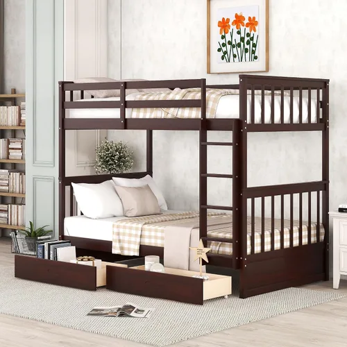 Vista 9 de Merax Litera de madera con dos cajones, litera de madera convertible con escaleras y dos cajones de almacenamiento, marco de cama desmontable