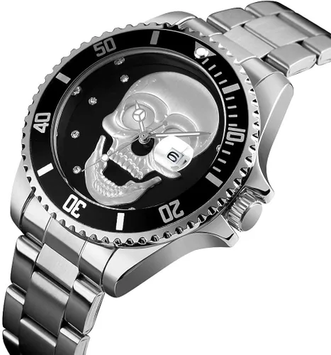 Vista 3 de HUNRUY Relojes de calavera para hombre 3D esqueleto unidireccional bisel 30M impermeable cuarzo relojes de pulsera, Moda