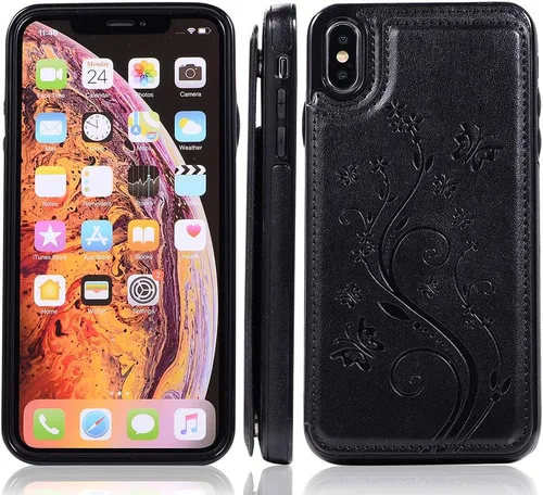 Vista 4 de Funda de teléfono para iPhone Xs Max de 6.5 pulgadas 2018 con protector de pantalla de vidrio templado, tarjetero con tapa de cuero para celular i X