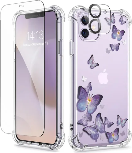 Vista 182 de GVIEWIN - Funda para iPhone 11 con protector de pantalla + protector de lente de cámara, cubierta protectora transparente suave de poliuretano