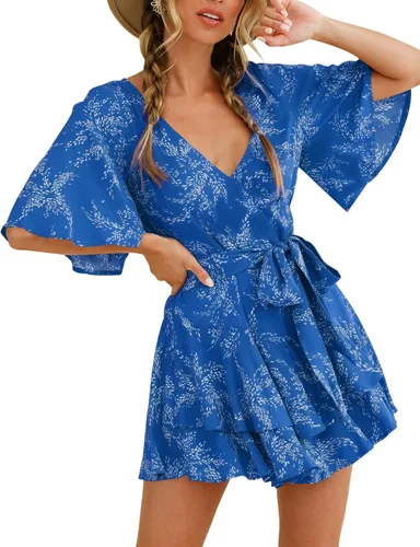 Vista 5 de Relipop - Enterizo de mujer con estampado floral, cuello en V, manga holgada, lazo en la cintura y dobladillo escalonado con volados, corto