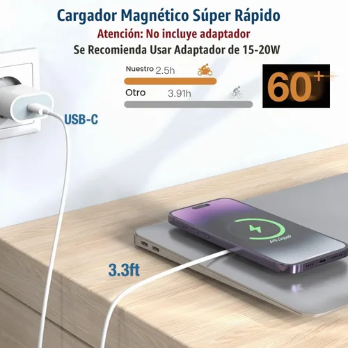 Vista 2 de Cargador inalámbrico magnético para iPhone, almohadilla de carga MagSafe USB C de 15 W, cable de carga magnética rápida tipo C de 3.3 pies