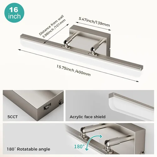 Vista 5 de Luz de tocador de níquel cepillado, barra de luz LED regulable de 15.7 pulgadas con 5 CCT, ángulo ajustable, iluminación de pared moderna para baño