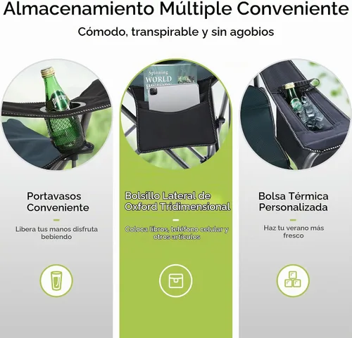 Vista 8 de GREEN PARTY Silla plegable de camping de gran tamaño resistente con bolsa refrigeradora, soporte para tazas, bolsillo de almacenamiento, silla