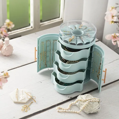 Vista 6 de Exuberante y glamoroso organizador de joyas, exquisita caja de joyería de pie con puertas dobles y cuatro cajones, caja organizadora para tocador
