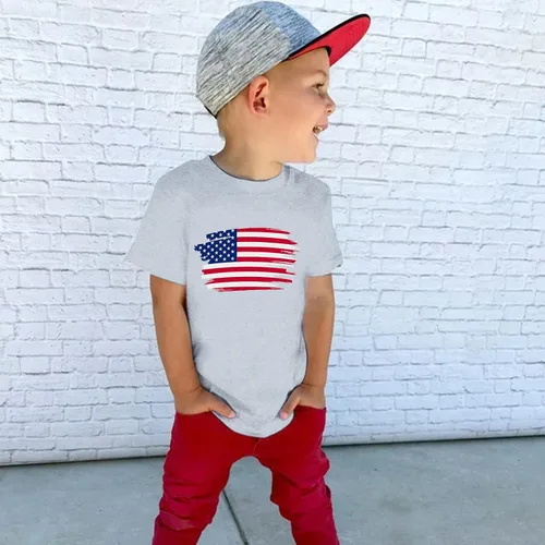 Vista 2 de Ropa de niño para niños pequeños, bebés, niños, verano, manga corta, Día de la Independencia, camiseta para bebé niño 4 de julio (gris, 5 años)