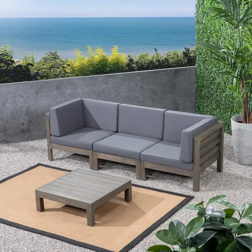 Vista 4 de GDFStudio Juego de sofá modular para exteriores con mesa auxiliar, 4 piezas, 3 plazas, madera de acacia, cojines para exteriores, gris y gris oscuro