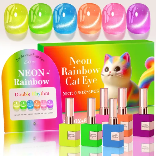 Vista 12 de Double Rhythm - Juego de esmalte de uñas de gel ojo de gato de 6 unidades, mismo color, misma botella, 14.8 ml, brillo con glitter, con imán Aurora