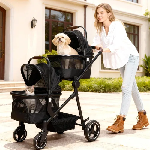 Vista 3 de Carriola doble plegable para mascotas para 2 gatos y perros pequeños y medianos, carriola integrada ligera para mascotas, individual y doble