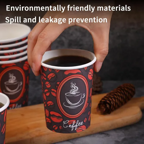 Vista 5 de Tazas de café de papel desechables con tapas, perfectas para té y bebidas calientes, paquete de 100 (8 onzas, diseño de grano de café)