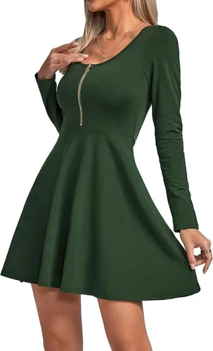 Vista 3 de Umenlele Vestido corto de manga larga con cuello redondo para mujer, estilo casual, fluido, con vuelo, corto