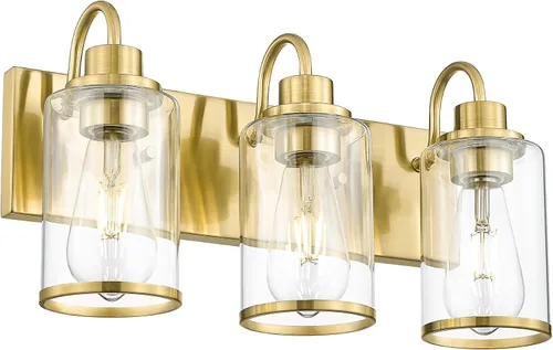 Vista 8 de Beionxii BX-VL01BG-3CG - Lámpara de tocador de baño, 3 lámparas doradas claras con pantalla de cristal transparente, accesorios de iluminación